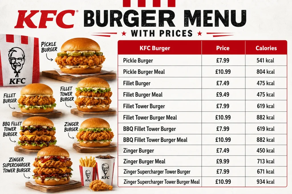 KFC Menu Burger uk