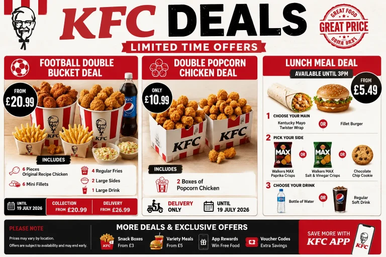 KFC Deals UK 2026 infographic showing Football Double Bucket Deal from £20.99, Double Popcorn Chicken Deal for £10.99, Lunch Meal Deal from £5.49, included items, prices, and offer end dates.